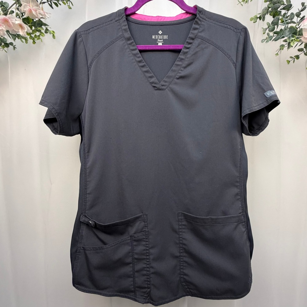 Med Couture Touch Women Scrub Top Pewter Gray V-Neck Performance Stretch L 7459